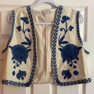 Embroidered Cream Crop Vest with Navy Floral Appliqué